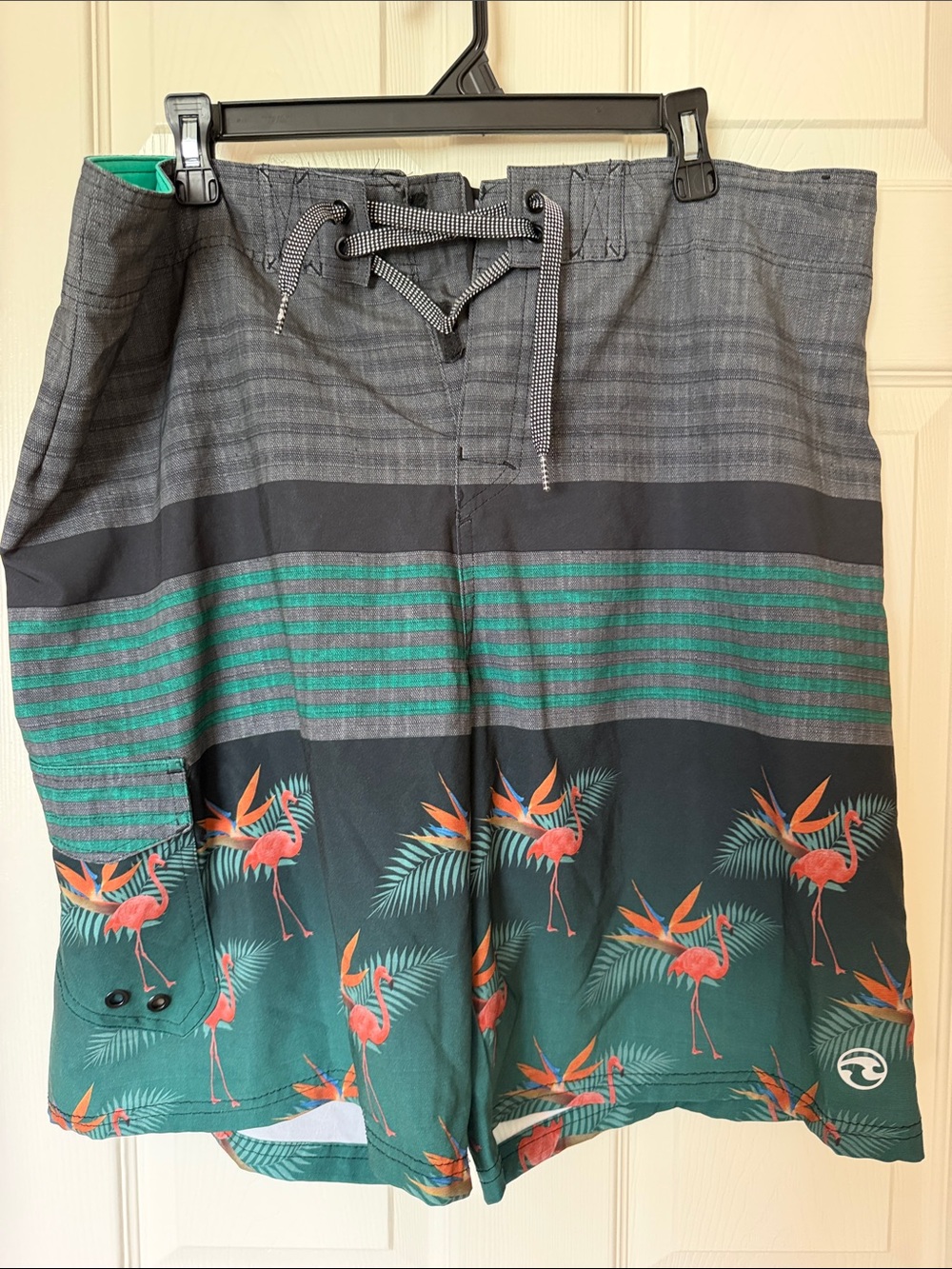 Ocean Current Green & Gray Flamingo Stripe Swim Shorts
